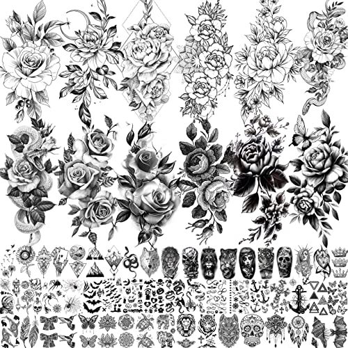 LAROI 65 Sheets Realistic Black Rose Flower Temporary Tattoos For Women, 3D Tribal Snake Floral Peony Fake Tattoo Stickers Adults, Long Lasting T