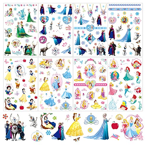 Frozen and Princess Temporary Tattoos for Kids Girls Women Adult Party Favors Birthday decoration (4 Princess and 4 Frozen Temporary Tattoo Sheet