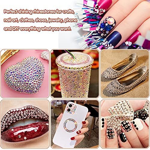 Flat Back AB Crystal Nail Art Rhinestones and Clear Crystal Rhinestones with Pick Up Tweezer and Rhinestone Picker Dotting Pen, Professional Nail