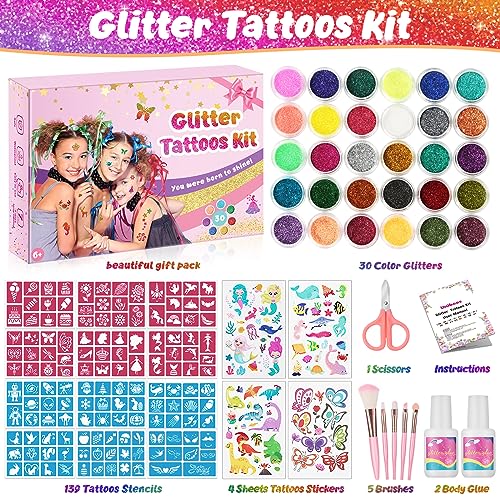 Glitter Tattoos Kit, Temporary Tattoos Set for Kids, 30 Colours Glitter,139 Stencils, 4 Sheets Tattoos Sticks, 5 Brushes, Body Make-up & Nail Art