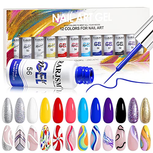 RARJSM Nail Art Gel Nail Polish 8ml Painted Gel Polish Kit 12 Colors Painting Drawing Gel Liner Polish,Pull Line Gel Polish for DIY French Manicu