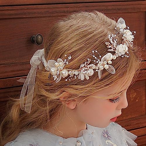 Flower Girl Headband, Flower Girl Headpiece, Pearl Headband, Adjustable Flower Girl Hair Accessories, Crystal Hair Vine Headband for Wedding, Par