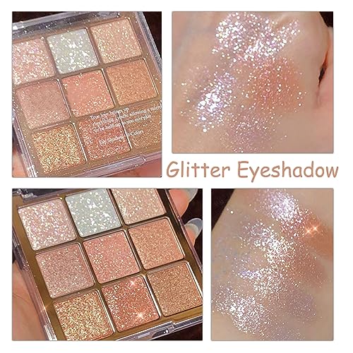 Glitter Eyeshadow Palette, Shimmer Eye Shadow Pallets for Women, 9 Colour Glitter Eye Make-Up Palettes, Gold, White, Pink Highly Pigmented Eye Sh