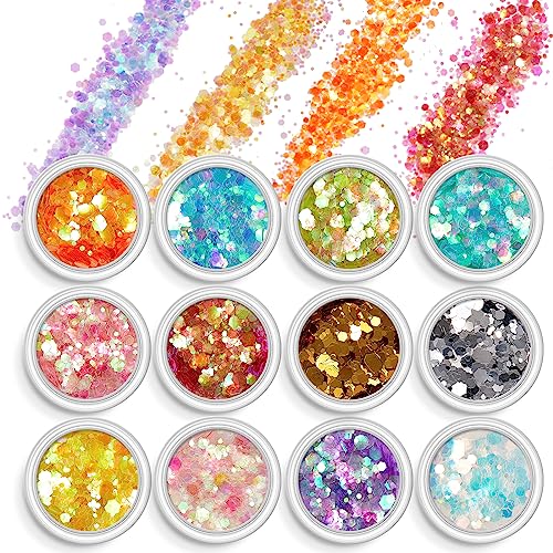 AOOWU Chunky Glitter, 12 Colors Festival Glitter, Nail Glitter Powder, Holographic Cosmetic Glitter for Face Body Eye Hair Nail and DIY Art (A)
