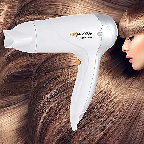 HotelPro 1600w Hotel B&B Hair Dryer - 3 Heat Settings - 2 Speed Settings - Concentrator Nozzle - Hang Up Loop - Safety Cut-Off - White - H1313WH
