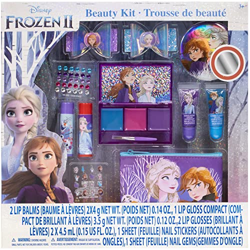 Disney Frozen 2 - Townley Girl Super Sparkly Cosmetic Beauty 29 Pcs Makeup Set For Girls with Clips, Press On Nail, Lip Gloss, Nail Stickers, Lip