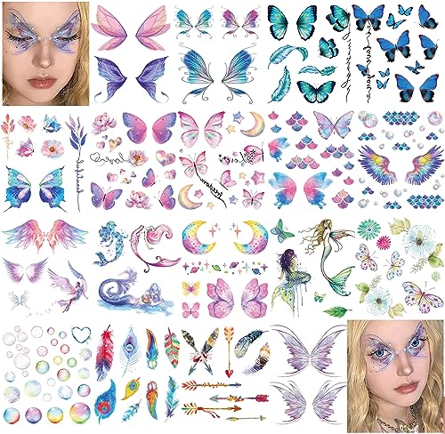 Rosymormor 18 Sheets Glitter Temporary Tattoos for Women Girls, Wings Butterfly Flowers Face Body Shiny Waterproof Stickers Fake Tattoos for Gift