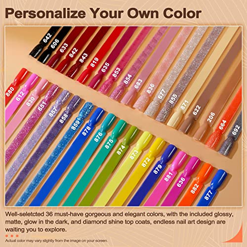 Lavender Violets 36+6 Pcs Gel Nail Polishes Set Neon UV LED Soak Off Varnish With Base,Glossy/Matte/Dimond/Glow-in-the-dark Top Coat Starter Kit