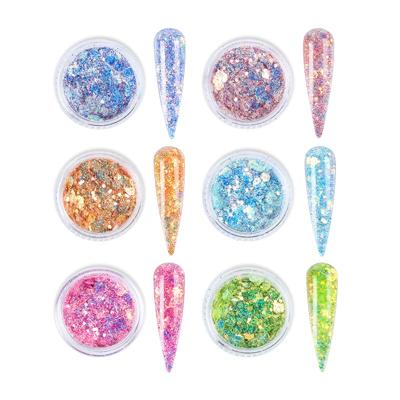 Holographic Mermaid Nail Art Glitter Iridescent Powder Dust Flakes JMEOWIO 6 Grids Shiny Bright Ice Slag Nail Sequins Paillettes Nail Art Decorat