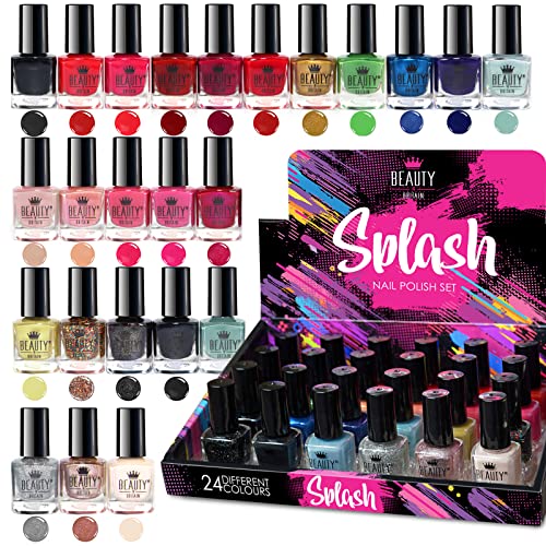 Beauty4Britain 24 x Nail Polish Varnish Set 24 Different Modern Colours Quick Drying Flat Brush (Set B)