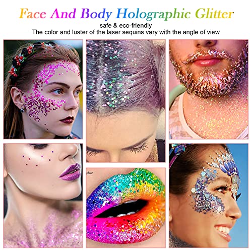 AOOWU Chunky Glitter, 12 Colors Festival Glitter, Nail Glitter Powder, Holographic Cosmetic Glitter for Face Body Eye Hair Nail and DIY Art (A)