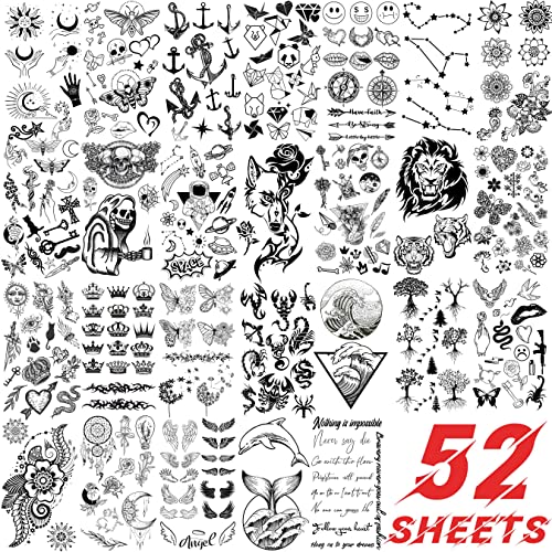 EGMBGM 52 Sheets Tiny Small Temporary Tattoos For Kids Boys Girls, Tribal Animals Butterfly Anchor Compass Tattoo Stickers For Men Women, 3D Cute