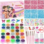 Glitter Tattoos Kit, Temporary Tattoos Set for Kids, 30 Colours Glitter,139 Stencils, 4 Sheets Tattoos Sticks, 5 Brushes, Body Make-up & Nail Art