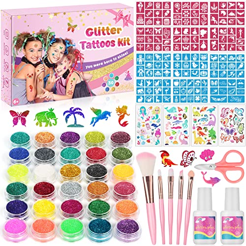 Glitter Tattoos Kit, Temporary Tattoos Set for Kids, 30 Colours Glitter,139 Stencils, 4 Sheets Tattoos Sticks, 5 Brushes, Body Make-up & Nail Art