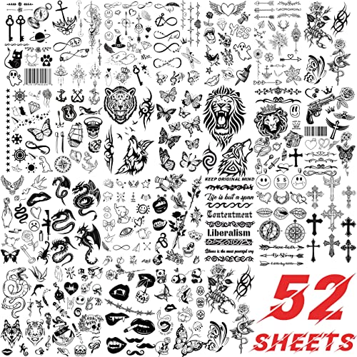 EGMBGM 52 Sheets Tiny Small Temporary Tattoos For Kids Boys Girls, Tribal Animals Butterfly Anchor Compass Tattoo Stickers For Men Women, 3D Cute