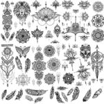 rainday 8 Sheets Black Temporary Tattoo Stickers Art Stickes For Adults Women Girls Lace Feather Mandala Flower Lion Large Big Arm Tattoo Sticker