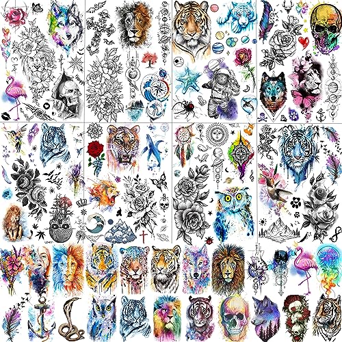 LAROI 31 Sheets Watercolor Temporary Tattoos For Kids Women Men Adults, Rose Peony Flower Fake Tattoo Stickers, Colorful Planets Star Animals Tat