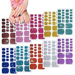 10 Sheets Toe Nail Polish Stickers Glitter Toenail Nail Polish Strips Decals Full Wraps Self Adhesive Toe Nail Tip Full Toe Nail Wraps for Women