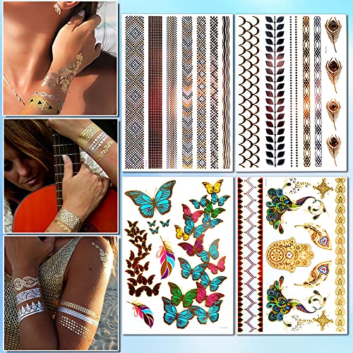 Gold Tattoos for Women (12 Sheets Waterproof Festival Tattoos), Gold Temporary Tattoos Festival, Fake Tattoos for Girls Woman by AniSqui
