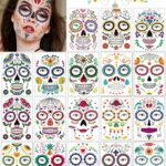 Day of the Dead Tattoo, 18 Sheets Day of the Dead Decorations Halloween Face Temporary Tattoos, Day of the Dead Stickers Sugar Skull Skeleton for