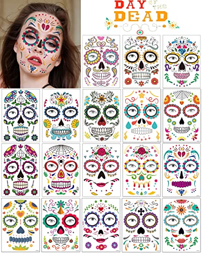 Day of the Dead Tattoo, 18 Sheets Day of the Dead Decorations Halloween Face Temporary Tattoos, Day of the Dead Stickers Sugar Skull Skeleton for