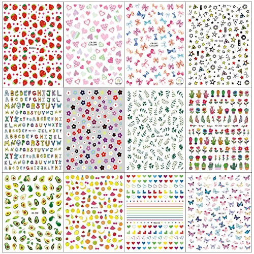 Cute Nail Stickers for Kids Little Girls 12 Sheets Self-Adhesive Nail Decals Christmas Flowers Leaves Animals Plants Fruits Nail Art Decoration f