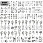 Acevegue 100 Sheets Tiny Branch Temporary Tattoos for Women Girls, Semi Permanent Black Flowers Wild Plant Rose Dandelion Butterfly Stickers, Rea