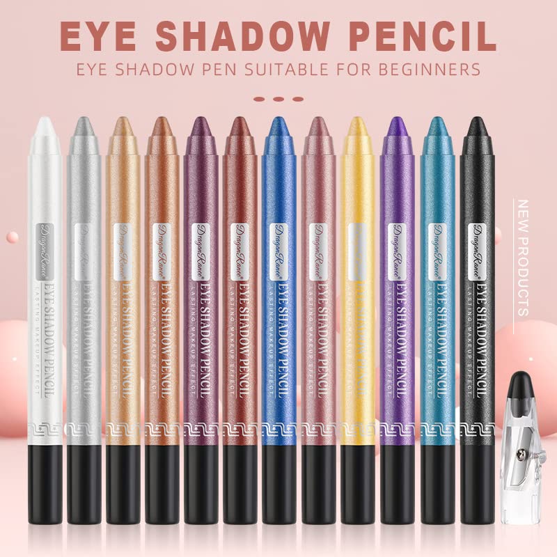 Pearlescent Silkworm Eyeshadow Pencil Crayon Lasting Waterproof and Not Blooming Shiny Pearlescent Gel Pen 12 Color Eye Shadow Pen (Set)