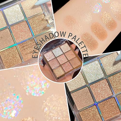 Glitter Eyeshadow Palette, Shimmer Eye Shadow Pallets for Women, 9 Colour Glitter Eye Make-Up Palettes, Gold, White, Pink Highly Pigmented Eye Sh
