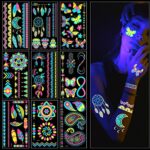 ACWOO Neon Temporary Tattoos, 9PCS 200+ Multiple Designs Glow in the Dark Neon Tattoos, Flash UV Neon Fake Waterproof Tattoo Stickers Rave Festiv