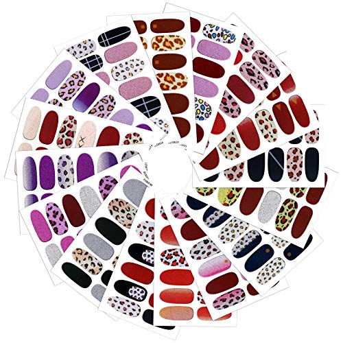 MWOOT 16 Sheets Leopard Full Wraps Nail Stickers with Nail File,Assorted Self Adhesive Nail Polish Stickers, Nail Art Decals Strips Manicure Kits