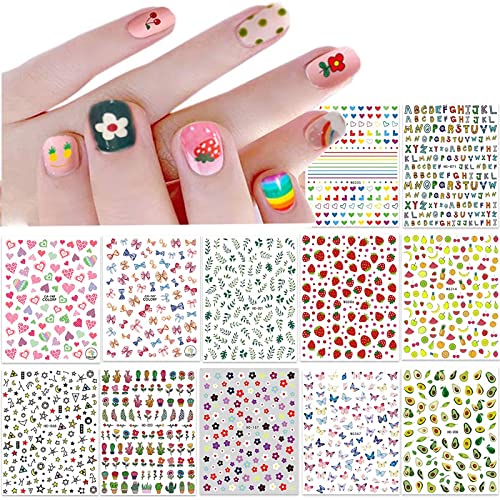 Cute Nail Stickers for Kids Little Girls 12 Sheets Self-Adhesive Nail Decals Christmas Flowers Leaves Animals Plants Fruits Nail Art Decoration f