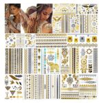 URAQT Metallic Tattoos, 20 sheets Temporary Tattoo Paper with 200 Designs, Waterproof Removable Gold Silver Fake Jewelry Body Art Sticker for Adu