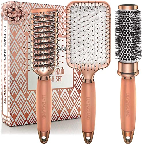 Hair Brush Set - Luxury Professional Rose Gold Hairbrushes for Detangling, Blow Drying, Straightening - Suitable for All Hair Types by Lily Engla