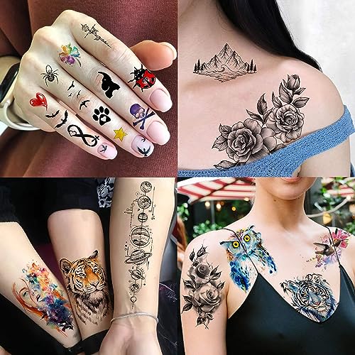 LAROI 31 Sheets Watercolor Temporary Tattoos For Kids Women Men Adults, Rose Peony Flower Fake Tattoo Stickers, Colorful Planets Star Animals Tat