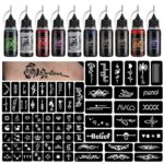 STIGMA Temporary Tattoo Kit 10 Bottles Color Inks, 84 Pcs Stencils Kit for Body Paint DIY Tattoos Temp, DIY Fake Tattoo for Women Kids (Black*2,