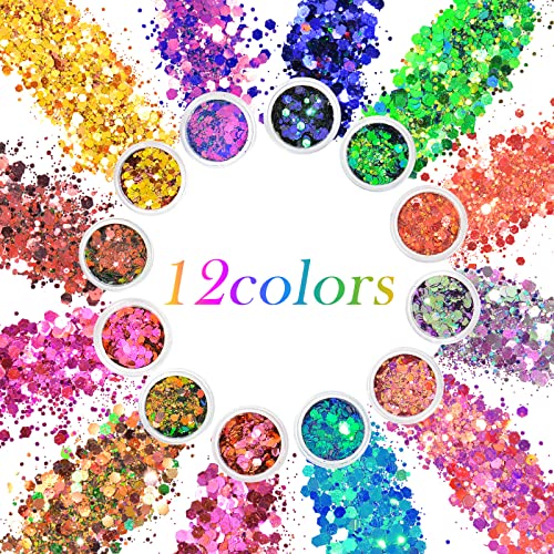 AOOWU Chunky Glitter, 12 Colors Festival Glitter, Nail Glitter Powder, Holographic Cosmetic Glitter for Face Body Eye Hair Nail and DIY Art (A)
