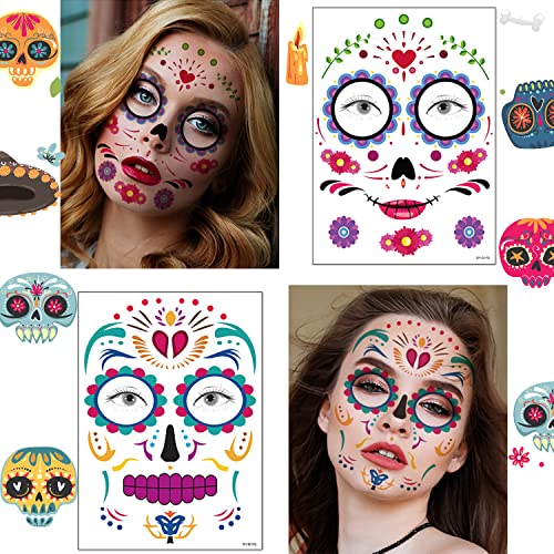 Day of the Dead Tattoo, 18 Sheets Day of the Dead Decorations Halloween Face Temporary Tattoos, Day of the Dead Stickers Sugar Skull Skeleton for