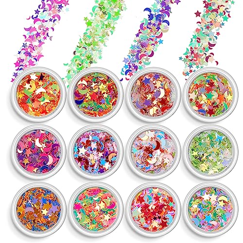 AOOWU Chunky Glitter, 12 Colors Festival Glitter, Nail Glitter Powder, Holographic Cosmetic Glitter for Face Body Eye Hair Nail and DIY Art (A)
