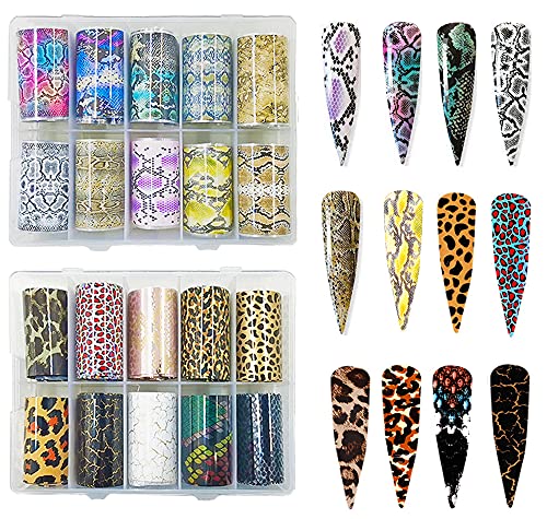 CHANGAR Animal Skin Style Nail Art Foil Transfer Decals 2 Boxes Serpentine Leopard Print Tiger Snake Skin Pattern Nail Foil Adhesive Stickers Sta