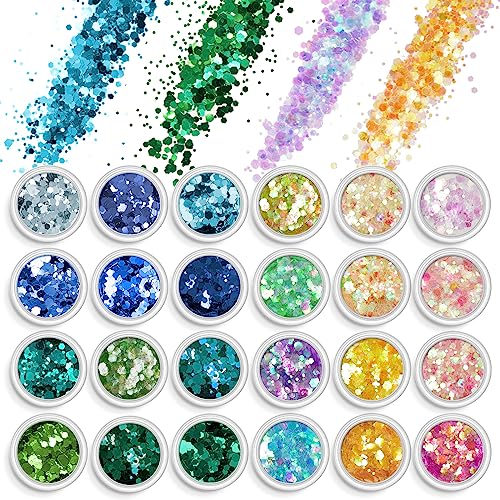 AOOWU Chunky Glitter, 12 Colors Festival Glitter, Nail Glitter Powder, Holographic Cosmetic Glitter for Face Body Eye Hair Nail and DIY Art (A)