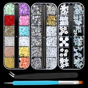 Yolev 3D Nail Art Gem Decoration Accessories Kit，Acrylic Butterfly White Flowers Bear Starry AB Crystal Cute Nail Charms for Nail Art Jewelry Acc
