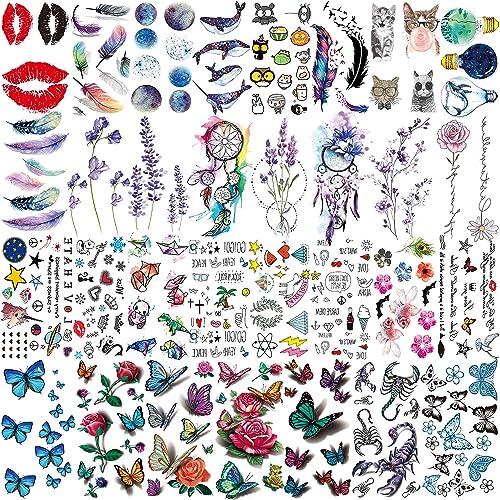 EGMBGM 66 Sheets 430+ PCS Cute Temporary Tattoos For Women Men Adults, Watercolor Butterfly Flower Lavender Fake Tattoo Stickers Kids Boys Girls,