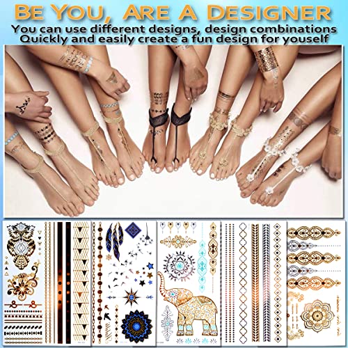 Gold Tattoos for Women (12 Sheets Waterproof Festival Tattoos), Gold Temporary Tattoos Festival, Fake Tattoos for Girls Woman by AniSqui