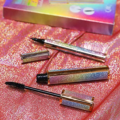 QIC Mascara, Black Mascara With Eyeliner Set, 4D Silk Fiber Eyelash Mascara with Liquid Eyeliner Kit, Waterproof, Sweat-Proof, SmudgeProof, Long