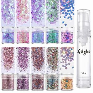 10 Colors Body Glitter Cosmetic Glitter - Face Glitter Chunky Glitter - Face Glitter Festival Hair Glitter with Glue and Brush for Body, Hair, Na