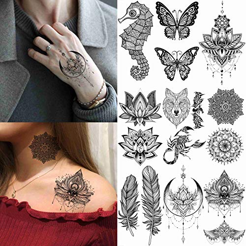 EGMBGM 28 Sheets Tribal Black Temporary Tattoos For Women Girls, Waterproof Fake Tattoos Temporary Elephant Ganesha Lace Tattoo Kits, Lotus Manda