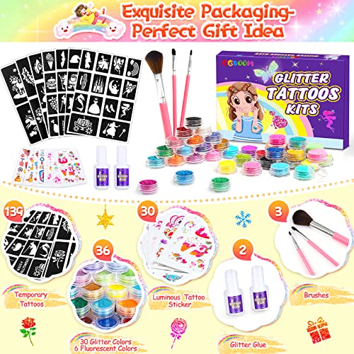 Glitter Tattoos for Kids, Sparkly Birthday Gift for 6 7 8 9 10 Year Old Girls, Temporary Tattoo Set Including Glitter, Tattoo Stencil, Luminous T