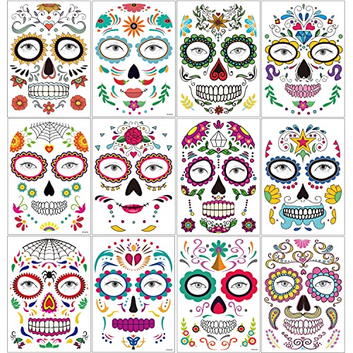 Day of the Dead Tattoo, 18 Sheets Day of the Dead Decorations Halloween Face Temporary Tattoos, Day of the Dead Stickers Sugar Skull Skeleton for