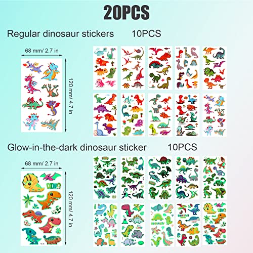 SAVITA 20 Sheets Kids Temporary Tattoos, Luminous Dinosaur Tattoo Stickers Waterproof Cartoon Fake Tattoos for Kids Toddlers Boys Dinosaur Birthd